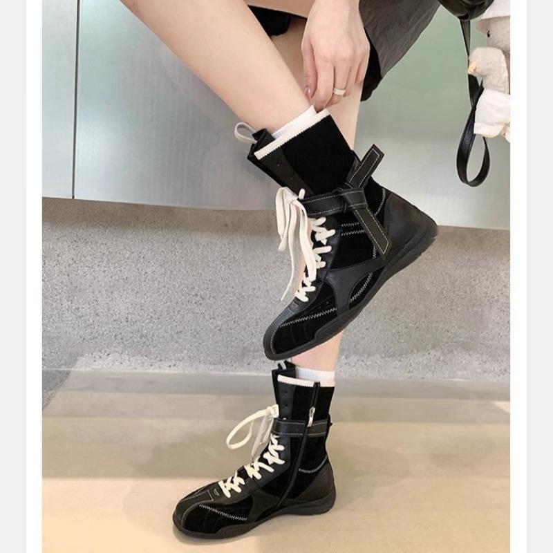 Retro Boxing Boots Women's Winter Cotton Shoes New Medium Boots Velvet Martin Boots Maillard Western Boots Platform Short Boots