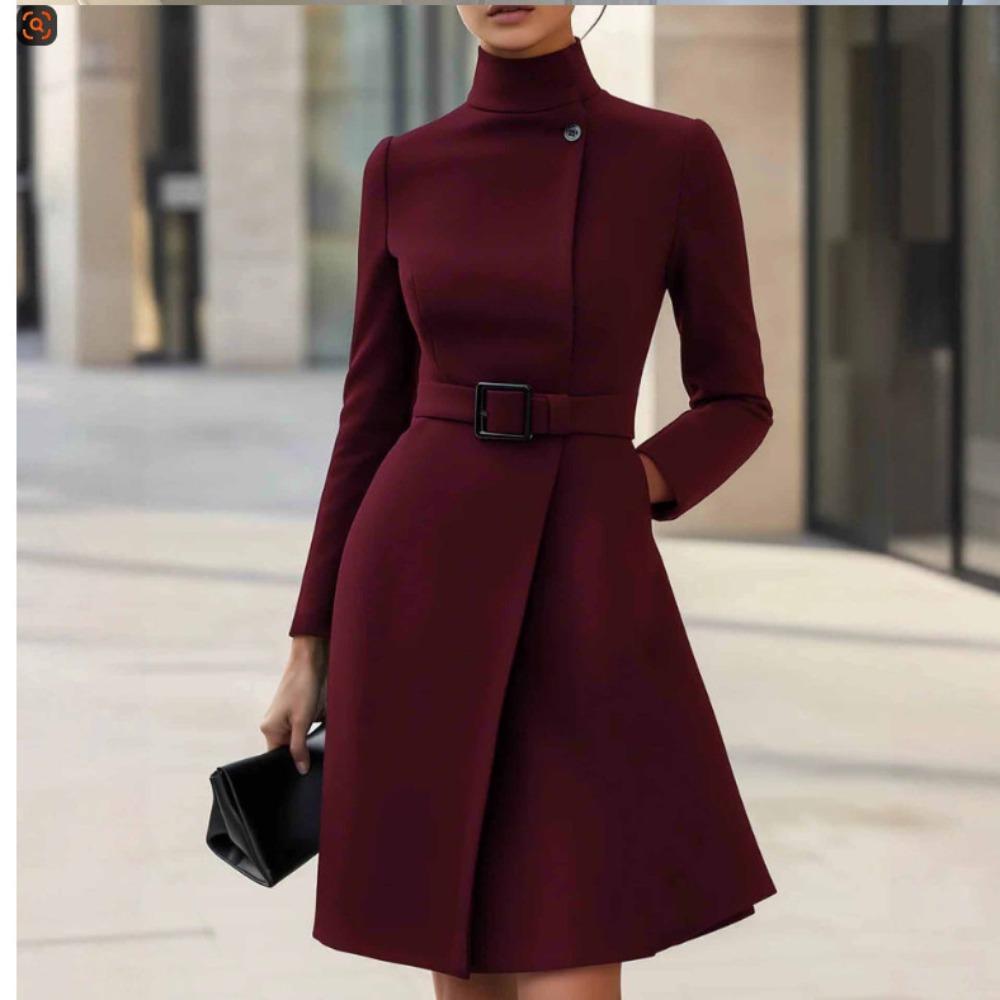 Robe Mi-Longue Élégante à Col Roulé Manches Longues Coupe Ajustée Taille Moyenne Robe Trapèze Tissu TR Uni Ceinture Poche Bureau Automne Robe de Travail