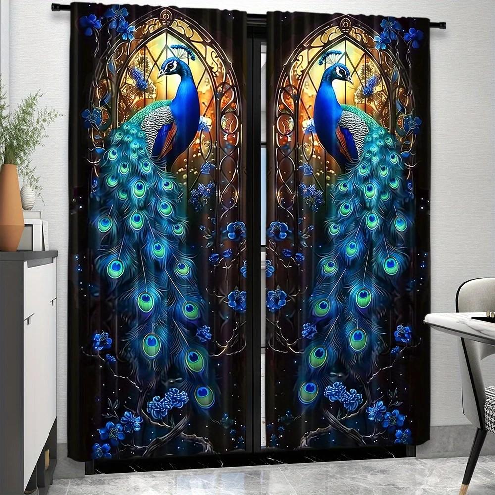 JIT 2pcs Vivid Peacock Floral Curtain   Room Darkening   Polyester   Home Decor   Rod Pocket Curtain   Living Room   Bedroom Window Dr