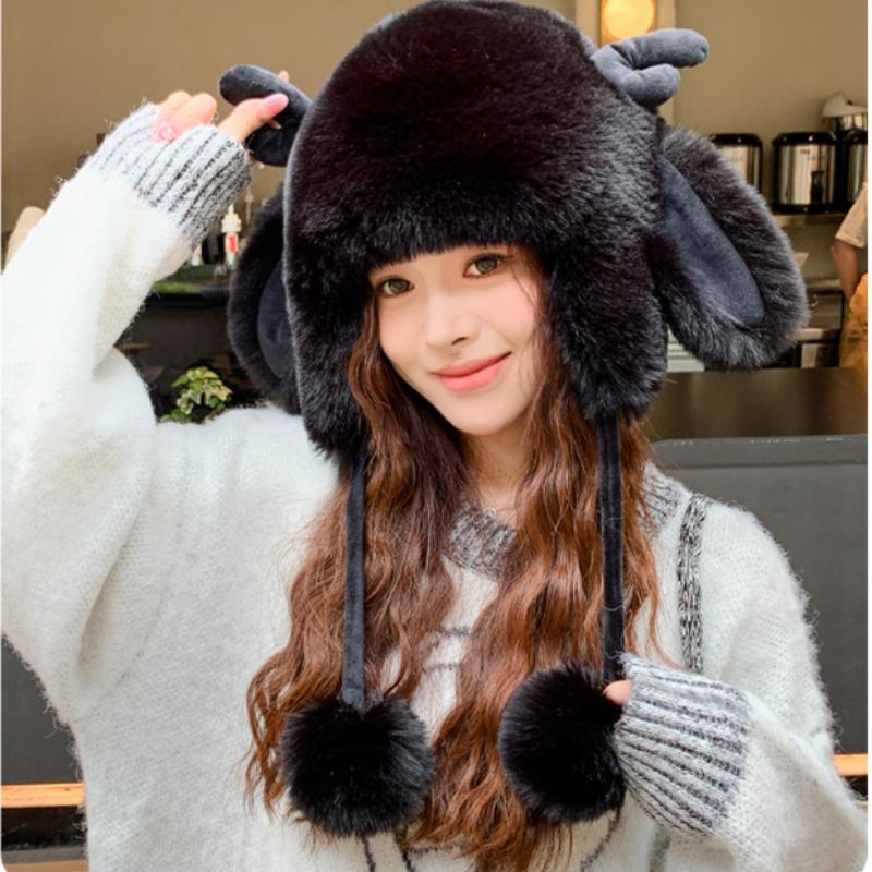 Autumn Women's Antler Plush Thickened Thunderbolt Hat Winter Big Head Circumference Outdoor Cold Fashion Ear Protection Cap