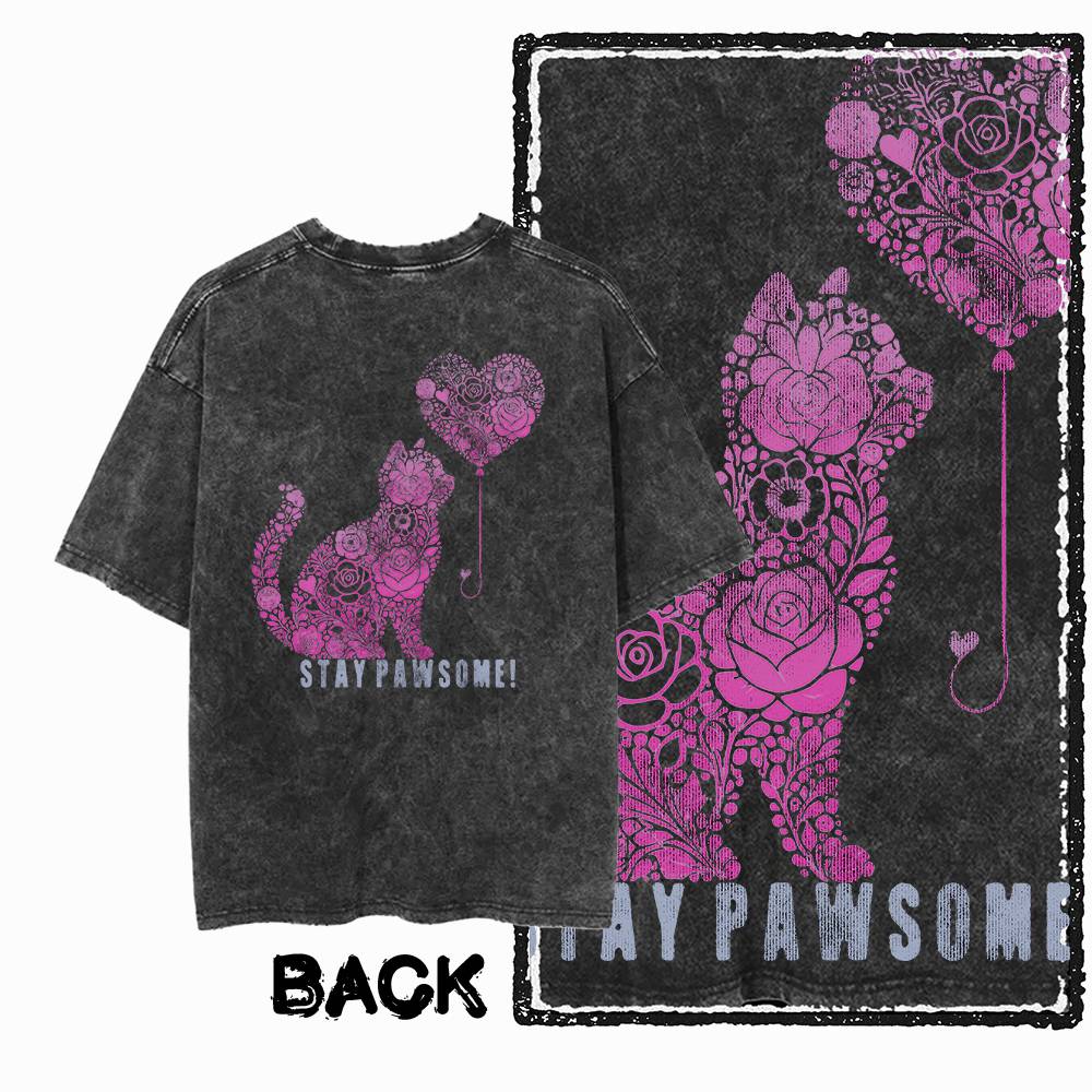 G Back Print Acid Washed Cotton oneck Cat Graphic Unisex Tshirt Streetwear Big Size Cool Vintage Unisexs Tee Tshirt