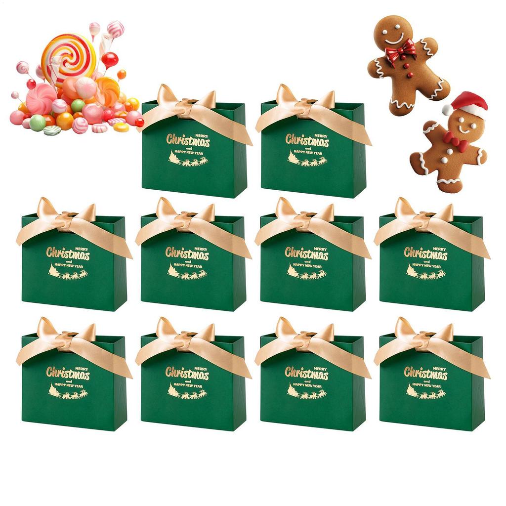 10 Pieces Christmas Ribbon Bow Stamping Gift Box Christmas Holiday Treat Bags For Sharing Festival Family Cheer Tradition Decor