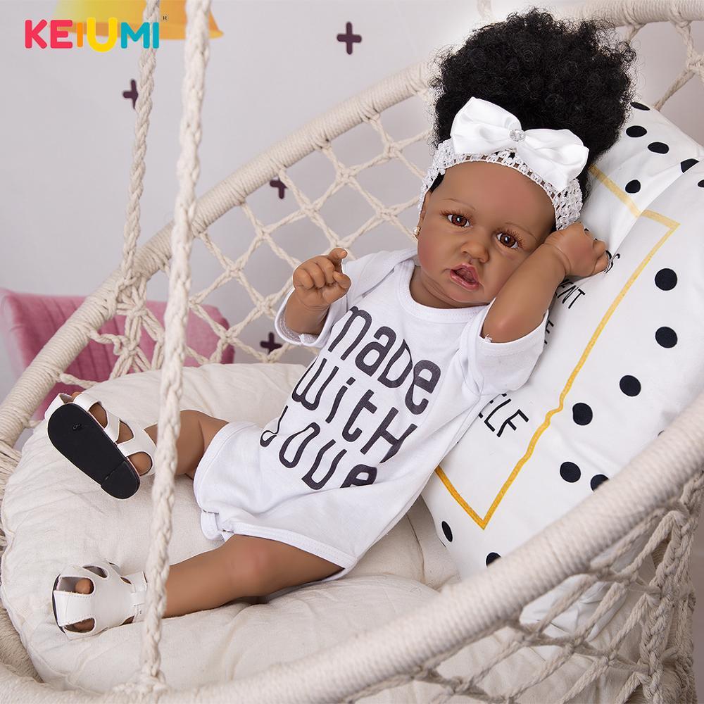 KEIUMI 57 CM Reborn Girl Dolls Full Silicone Vinyl Fashion Black Skin Newborn Babies Doll Toy Kids Birthday Christmas Gifts