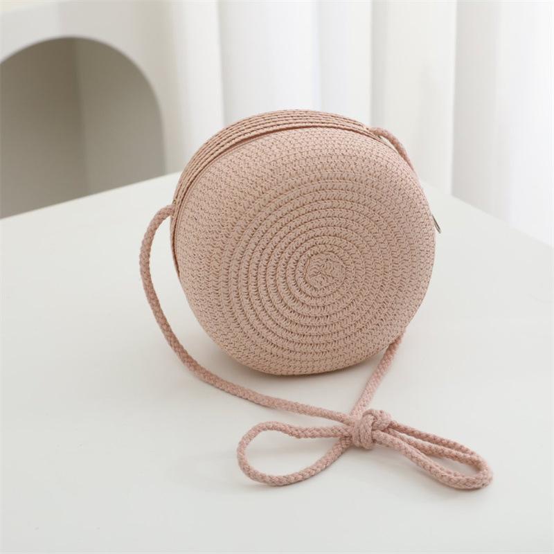 Summer Solid Color Straw Bag Shoulder Messenger Round Bag Children Versatile Outing Beach Bag Light Board DIY Round Weaving