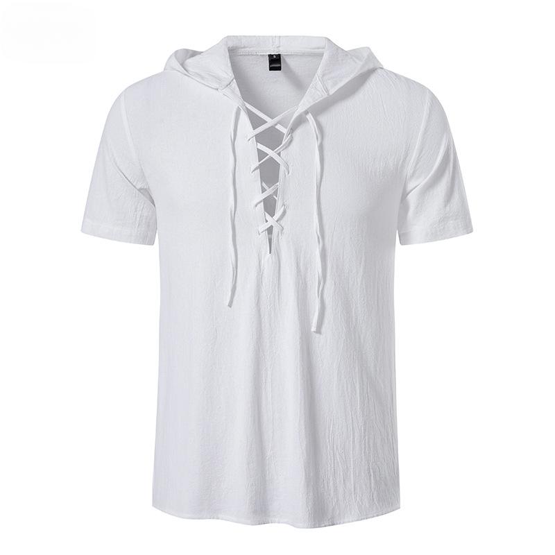 Men s Summer Classic Short Sleeve Hoodie Breathable Hooded T-Shirts Lightweight Sweatshirt Hoodies Pullover for Men V Neck Hooded Shirts Solid Tops S белый