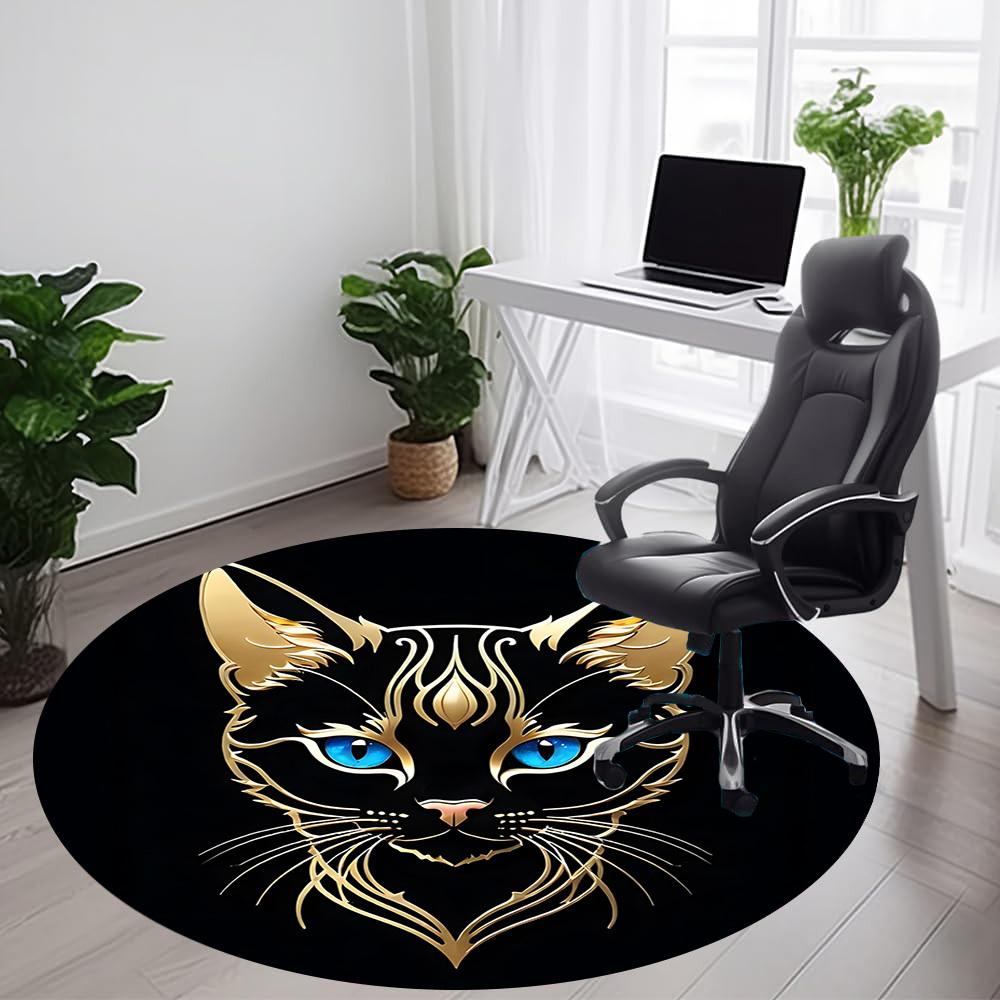 1pc Golden Feline Office Round Area Rug, Indoor Mat Suitable ForOffice, Under Office Chairs Bedroom Living Room Home Decor, Room Deco T120