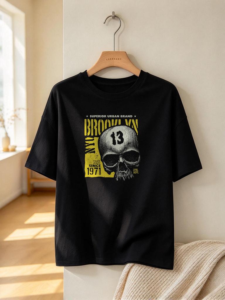 Men Women Cotton Skull Printed Short Sleeve Top Trendy Casual Loose Crew Neck Tee Summer Fashion Streetwear Shirt