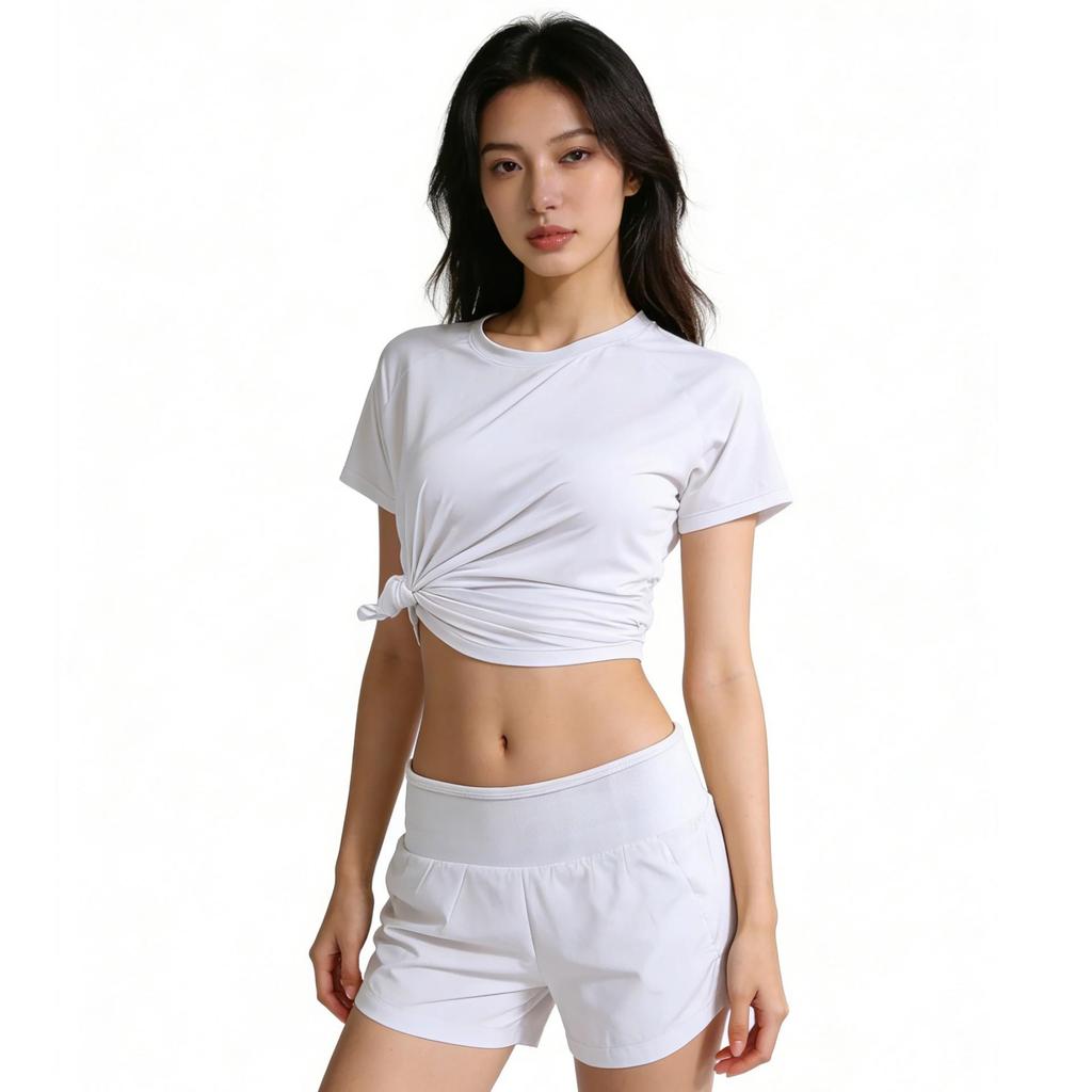 Professionelles Raglan Yoga Set: Sommer Quick-Dry Kurzarm-T-Shirt, Hose und Bare-Feel Sportoberteil