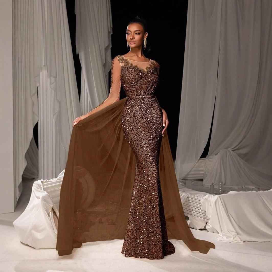 

European And American Women S Ball Dress Long Dress Temperament Fashionable And Elegant Long Lace Party Evening Dress XXXL темно-коричневого кольору