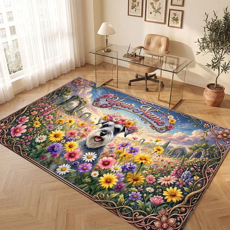 Floral Garden Theme Crystal Velvet Floor Rug Personalized Custom Name Text Warm Carpet Home Decoration