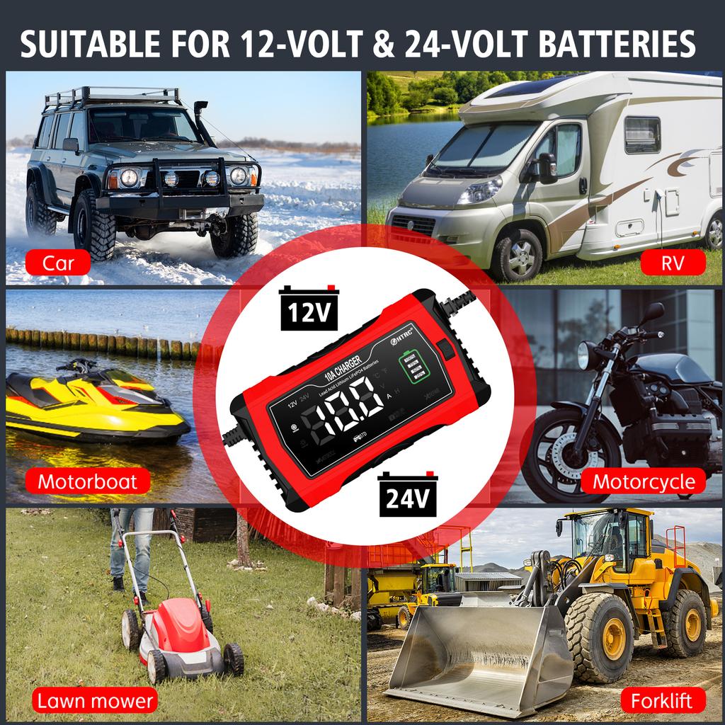 12V 24V 10A Automatické nabíjanie pre lítiové LiFePO4 AGM GEL olovené batérie Nabíjačka pre motocykle 7-stupňová nabíjačka autobatérií
