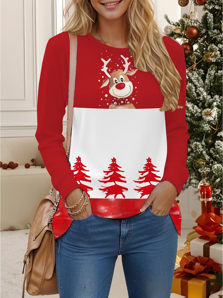 Tops for Women  3D  Christmas Print  Round Neck Long Sleeve T-shirt Fall Casual Slim Pullover Women's Long Sleeve Top
