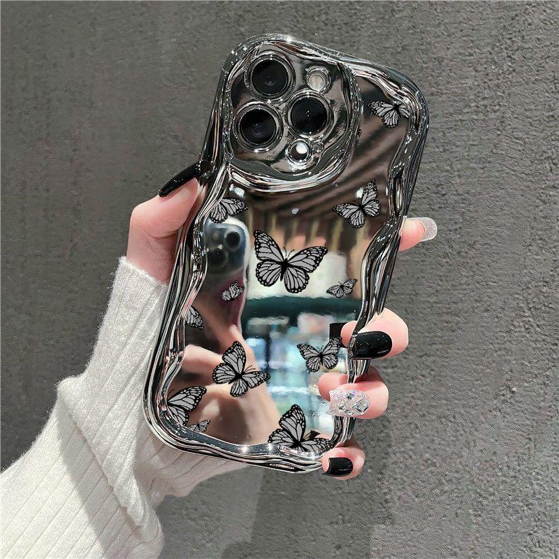 Glossy Plating Butterfly Love Heart Pattern Case For iPhone 15 14 Pro 13 Pro Max 12 11 Wave Frame Soft Shockproof Lens Protection Mirror Phone Cover
