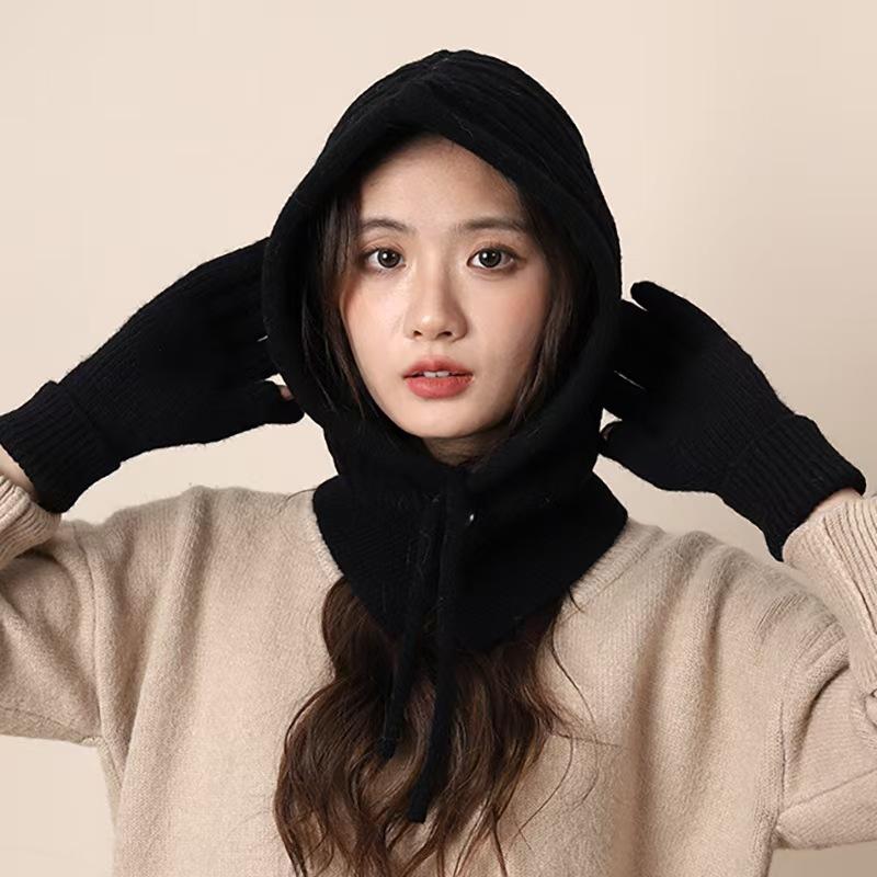 Winter Scarf Gloves Hat Fashionable Red Neck Protection Autumn Integrated Barak Knitted Raffle Hat Warm Wool