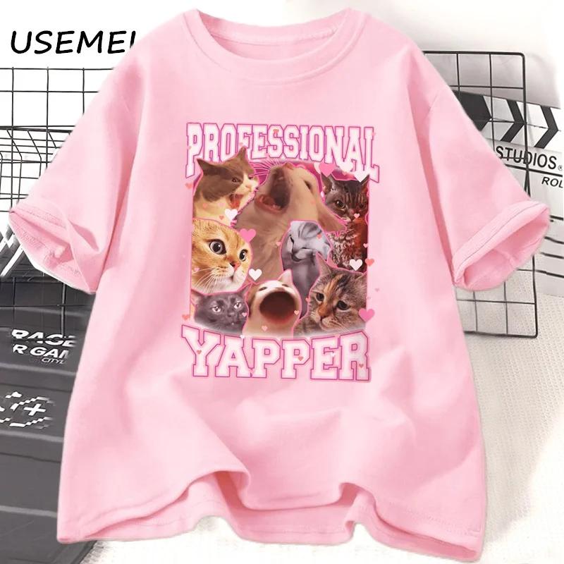 Professional Yapper Meme Cat Graphic T Shirts Funny Cotton Cute Kitten T-shirt Summer Cotton Round Neck T Shirt Female Clothing
