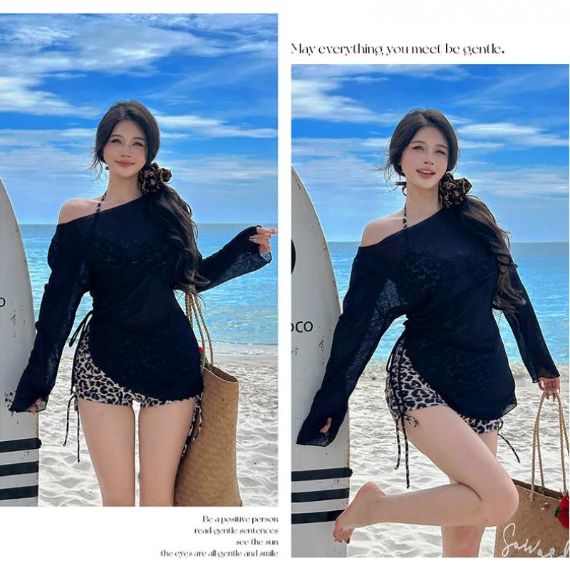 Plus Size High-Waisted Skirted Bikini Set With Long Sleeve Cover-Up Women 3-Piece Swimwear Leopard Print XL-5XL