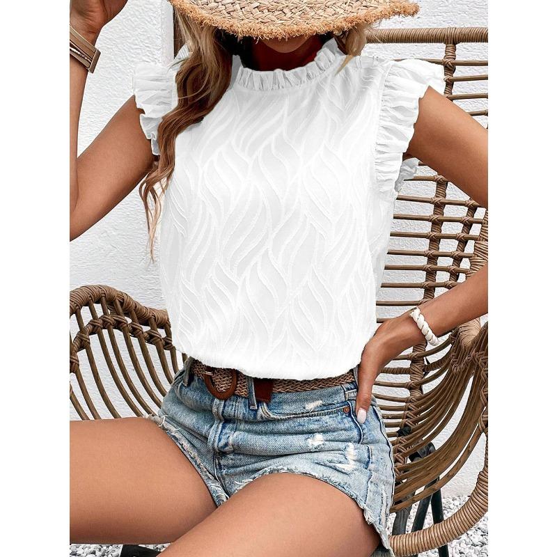 Summer Elegant Women Fashion Blouse Ruffled Sleeve Loose Jacquard Shirt Female Women's Vest Sweet Ladies Chiffon Tops Lotus Leaf Collar Top Clothes
