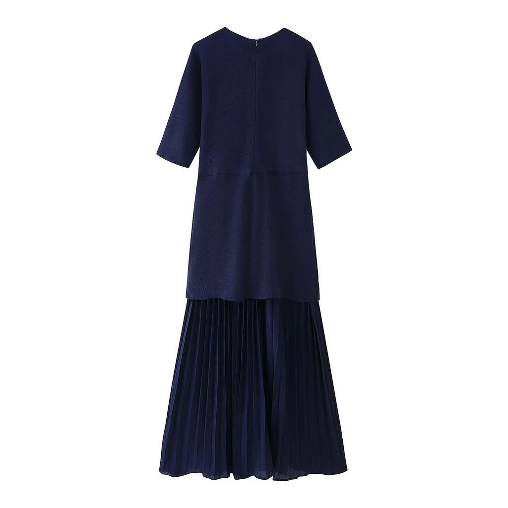 Elegant Polyester Spliced Short Sleeve Dress For Women With Round Neck For Spring
