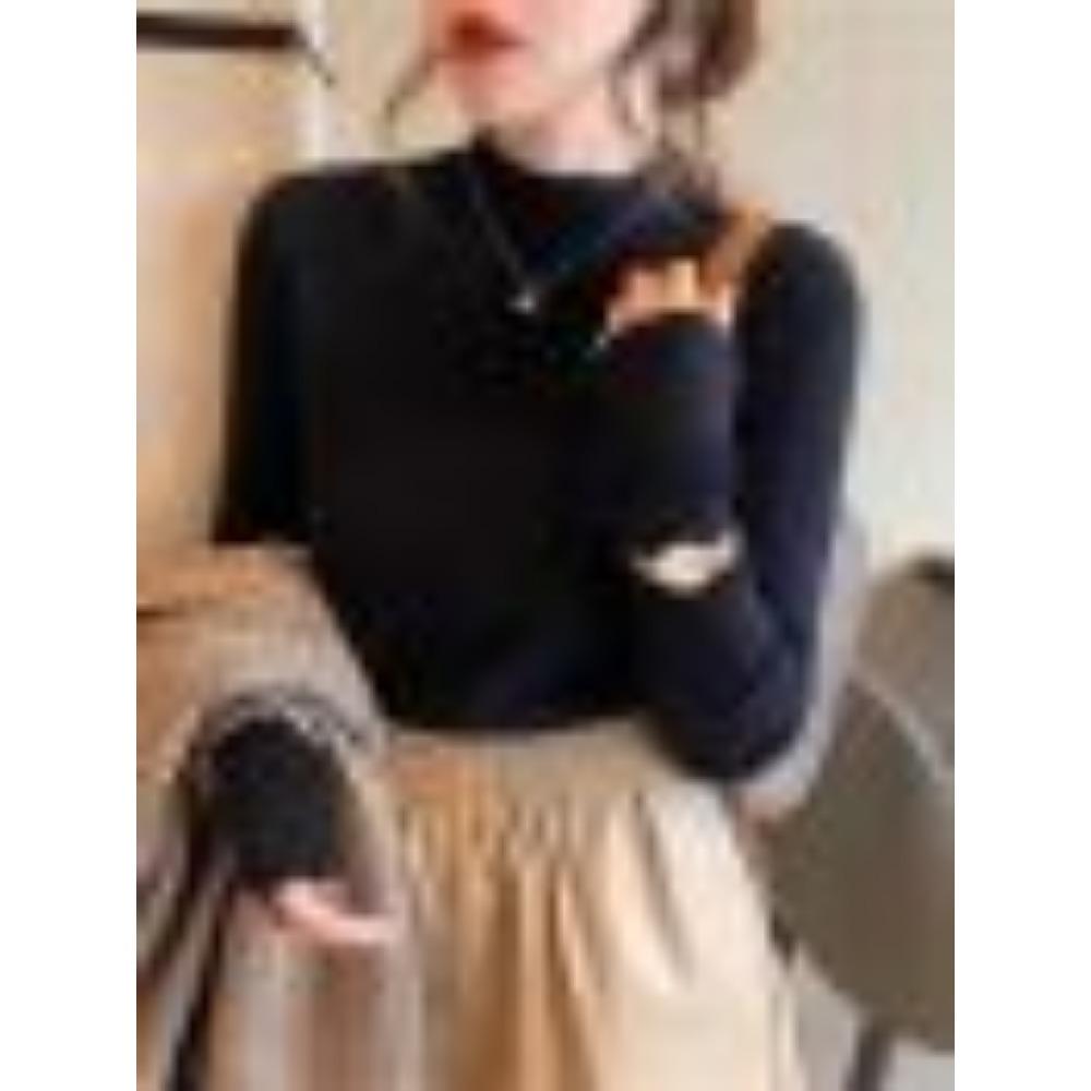 

Вязаный базовый слой для женщин осенью, в сочетании со свитером с полувысоким воротником и облегающим топом с длинными рукавами one size чёрный