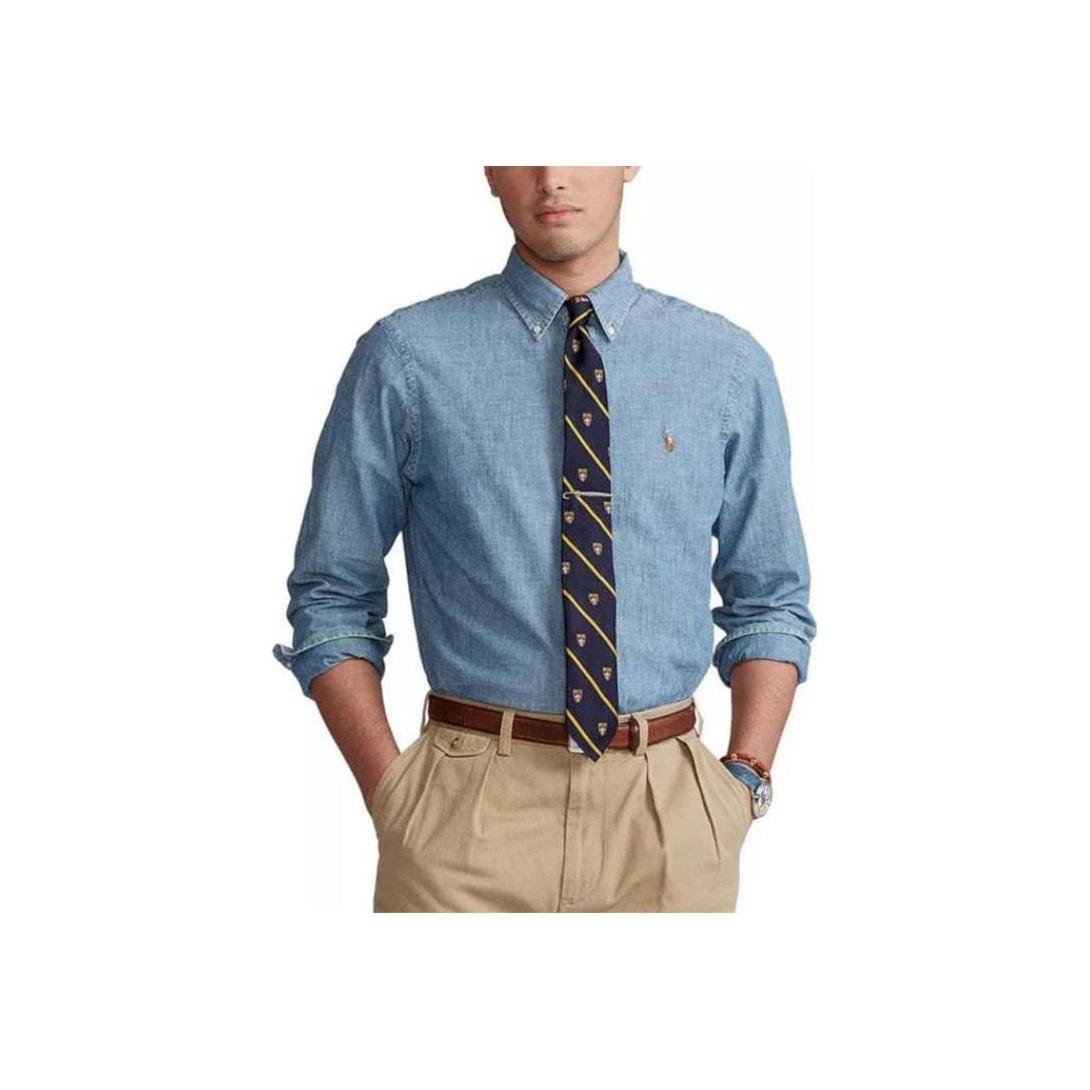 

Polo Ralph Lauren Спортивная рубашка с длинным рукавом цвета индиго из шамбре, средняя, мужская уличная одежда цвета индиго 710834376001 XL