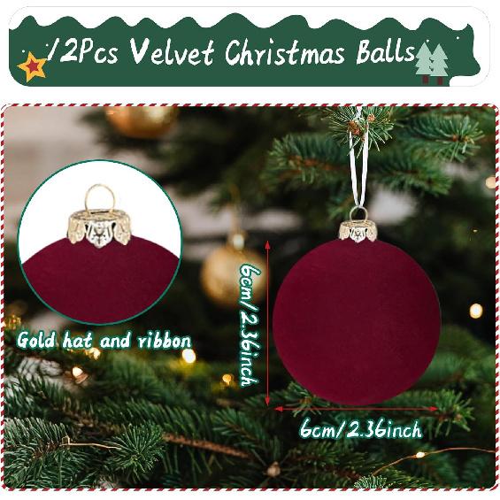 12pcs Christmas Tree Hanging Ball Decoration 2.4Inch Velvet Christmas Ornaments Balls Flocked Shatterproof Plastic Xmas Tree Ball for Party Holiday