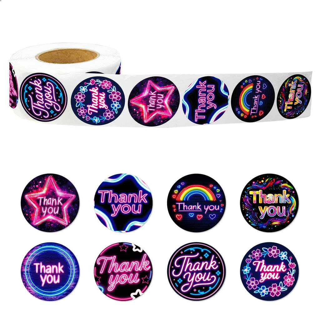 500 Sheets/Roll Neon Roll Roll Sticker Thank You Theme 8 Pattern Cycle Colorful Creative Round Sticker