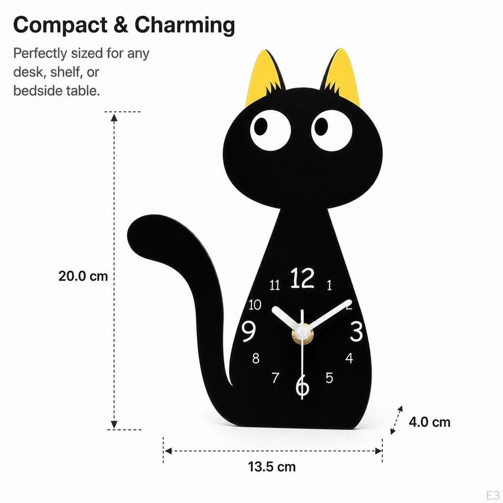 Cat Motif Table Clock, Unique, Compact, Silent, for Bedroom, Office Or Living Room.