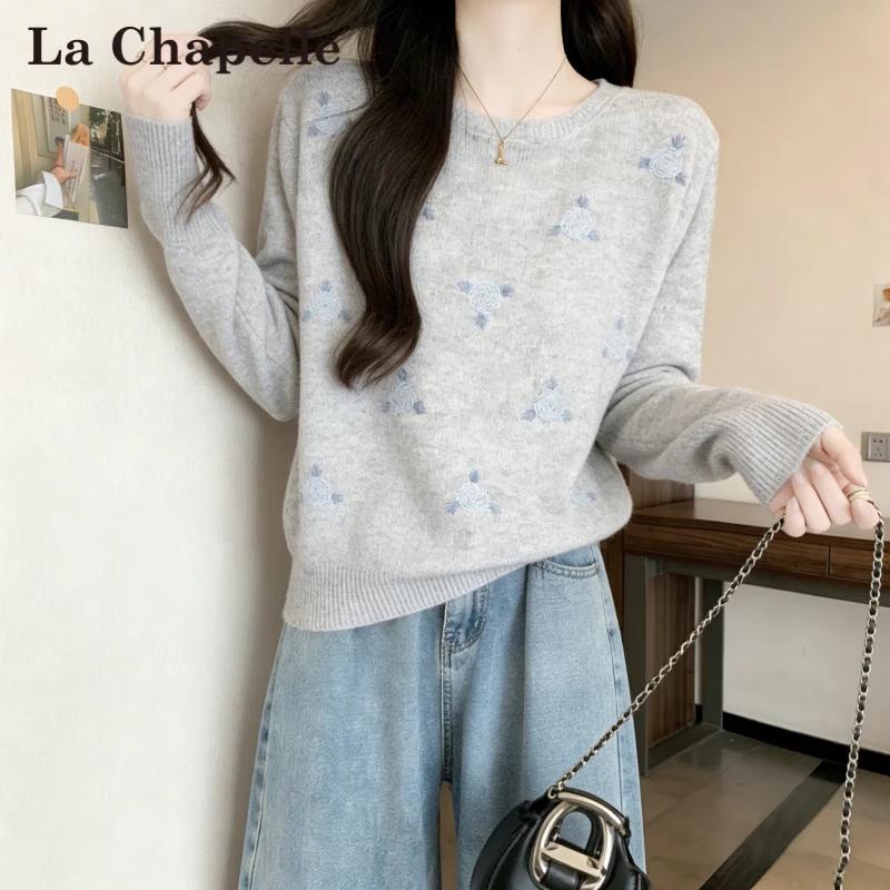 La Chapelle Floral Embroidered Knit Top L