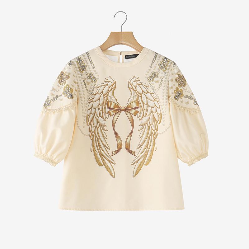 ZANZEA Damen Freizeit Rundhals Locker 3/4 Ärmel Print Bluse
