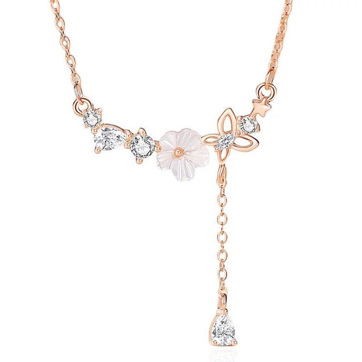 Small flower butterfly necklace female sweet flower zircon collarbone chain niche design long