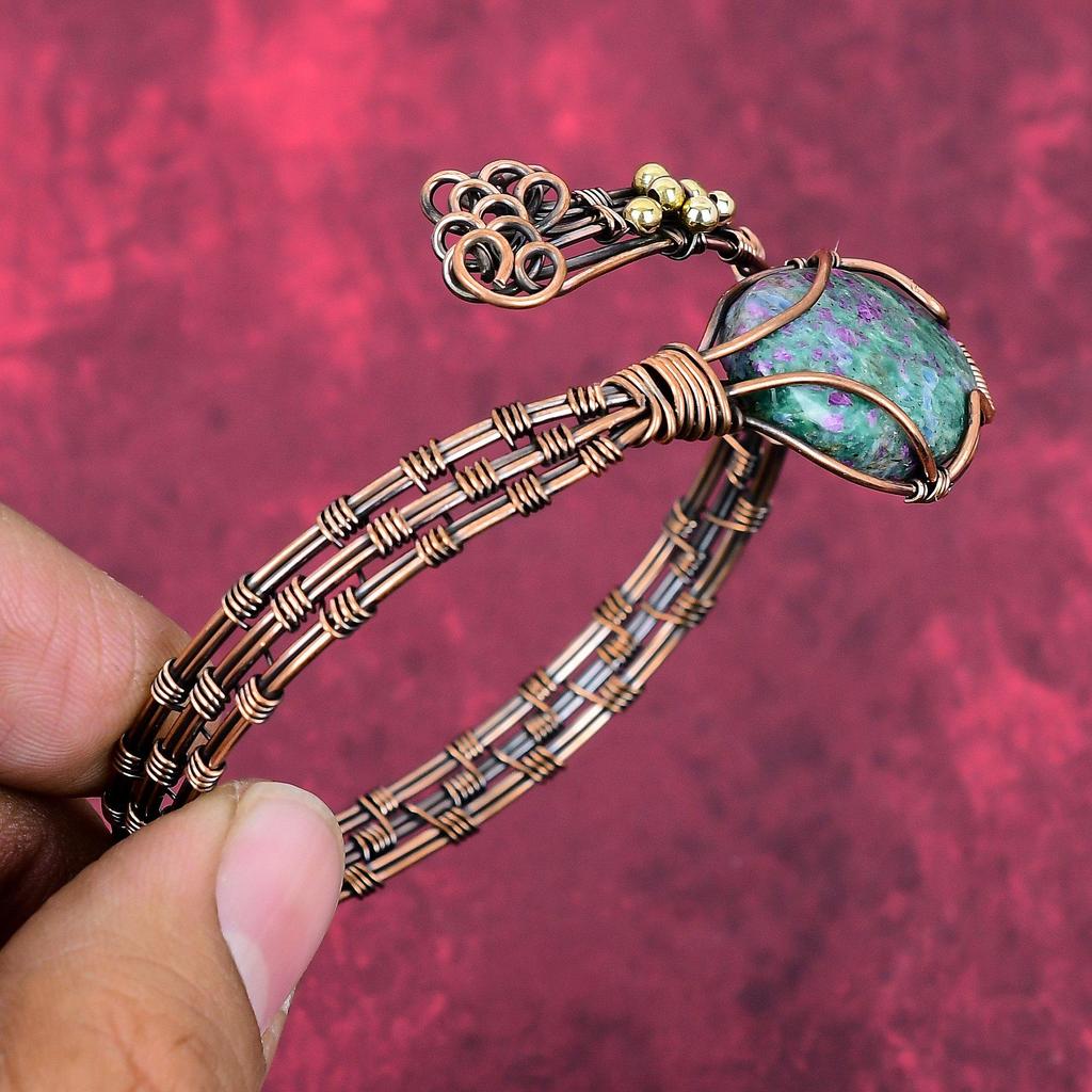 Ruby fuchsite bangle copper wire wrapped jewelry adjustable cuff bracelet handmade jewelry gemstone bangle gifts for her copper wire jewelry