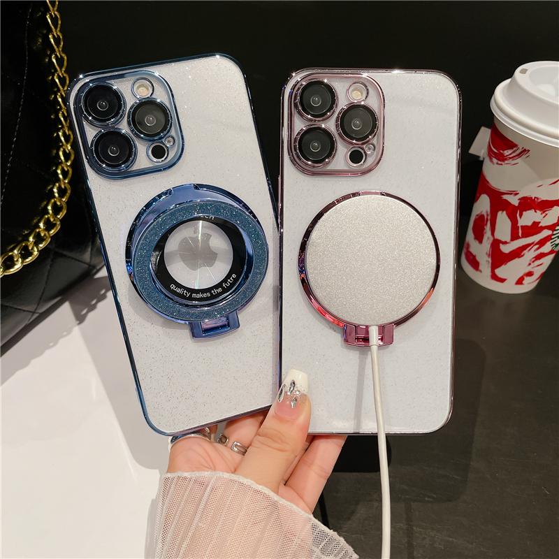 For For Iphone 17 16 Pro Max  Clean Flash Glitter Stand Plating Frame Phone Case For For Iphone Air 13 14 15 Plus Protective Cover