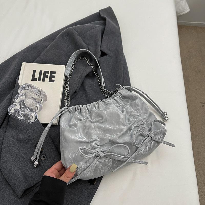 Trendy Fashion Large-Capacity Chain Tote Bag Autumn And Winter Simple Pleated Bow Shoulder Messenger Bag