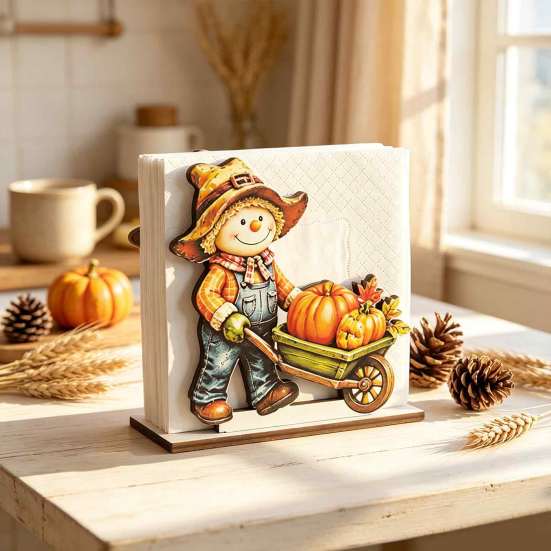 Decorative Napkin Stand for Kitchen Fall Scarecrow Wooden Holder, Harvest Pumpkin Rustic Ornaments Dispenser, Thanksgiving Farmhouse Tabletop