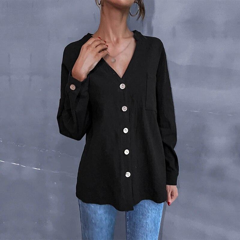 Solid Color Button Front Autumn Long Sleeve Stand Collar Loose Fit Shirts for Women Single Breasted Blouse Top
