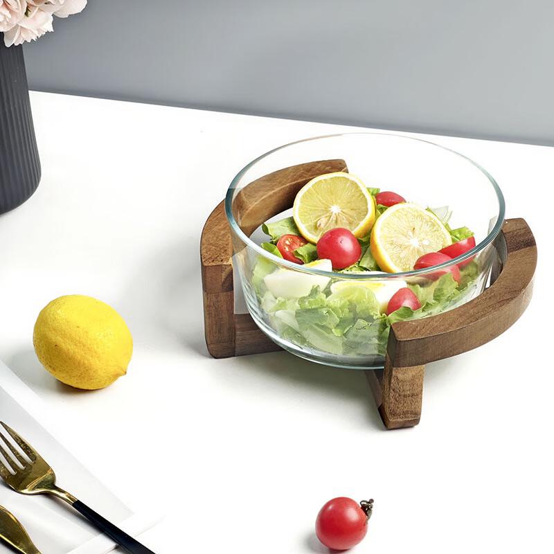 Glass Fruit Bowl with Solid Wood Stand