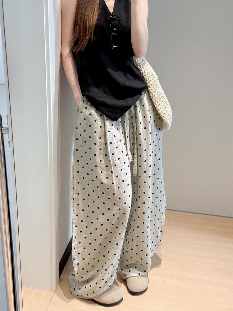 Damen Hochtaillierte Leinenhose mit Polka Dots - Sommer Elastisch Weiter Bein, Große Größe