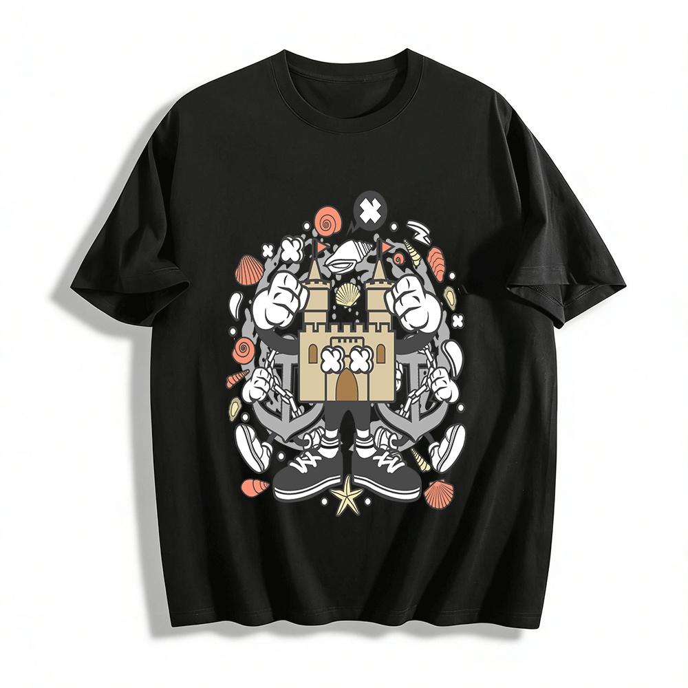 

Cartoon Sandcastle Print Tee Unisex Casual Funny Graphic T-Shirt Pure cotton T-shirt XXS