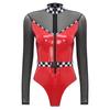 Womens Checkerboard Racer Car Halloween Cosplay Speed Racer Driver Bodysuit Checkerboard Leather Leotard Jumpsuit Sexy Uniform