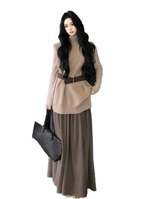 MODKOKU Knit Maxi Sweater Dress with a Korean Perfect for Office Workers and Long Size Small Women's Waistband, Elegant, Sweet, Style, Feminine,