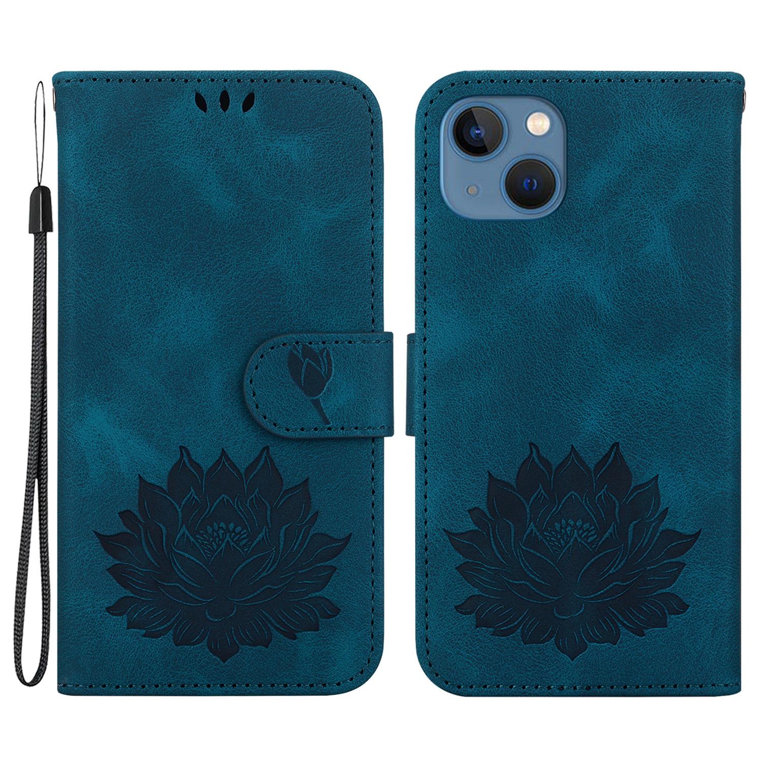 

For iPhone 15 Phone Case Wallet Stand Lotus Leather Cover with Wrist Strap Blue