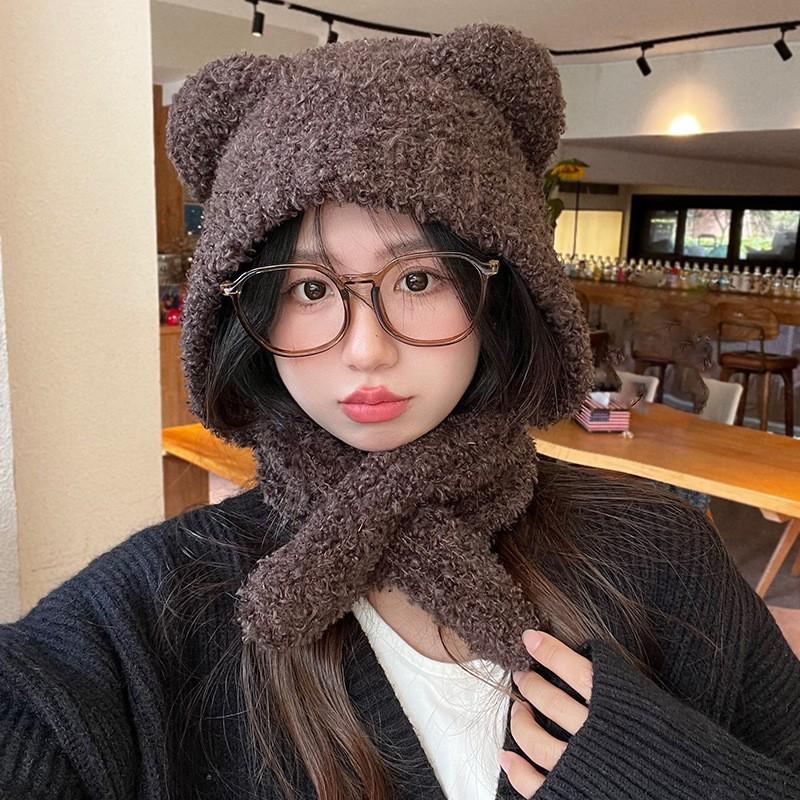 Winter new scarf integrated two-piece set plush bear hat cold-proof knitted women's warm ear protection headgear