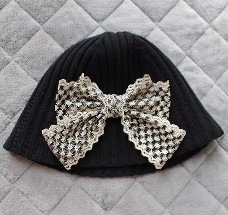 

Hat Style Versatile Sweet Retro Bow Womens Warm Knitted Hatscaps Fishermans чорний
