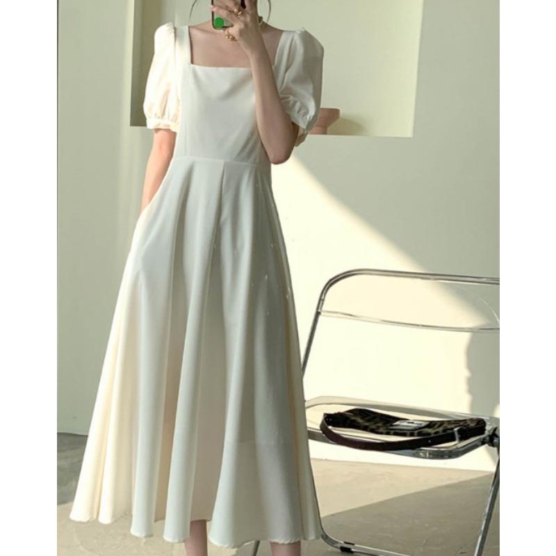 Black dress women s summer new French retro temperament square collar waist long Hepburn style small black dress S белый