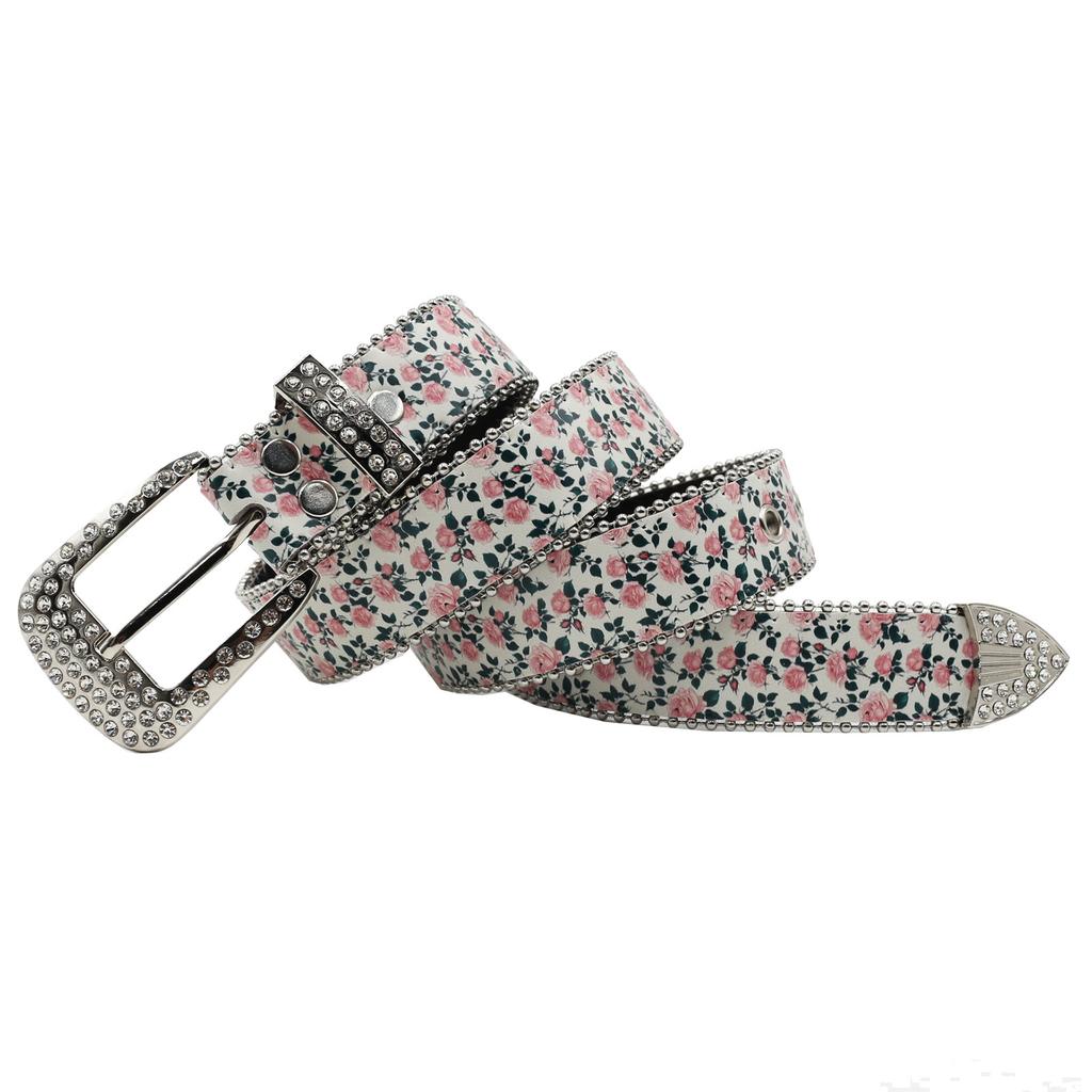 Rhinestone Belt Printing, European and American Popular Versatile Pink Rose Flower Belt PU Belt