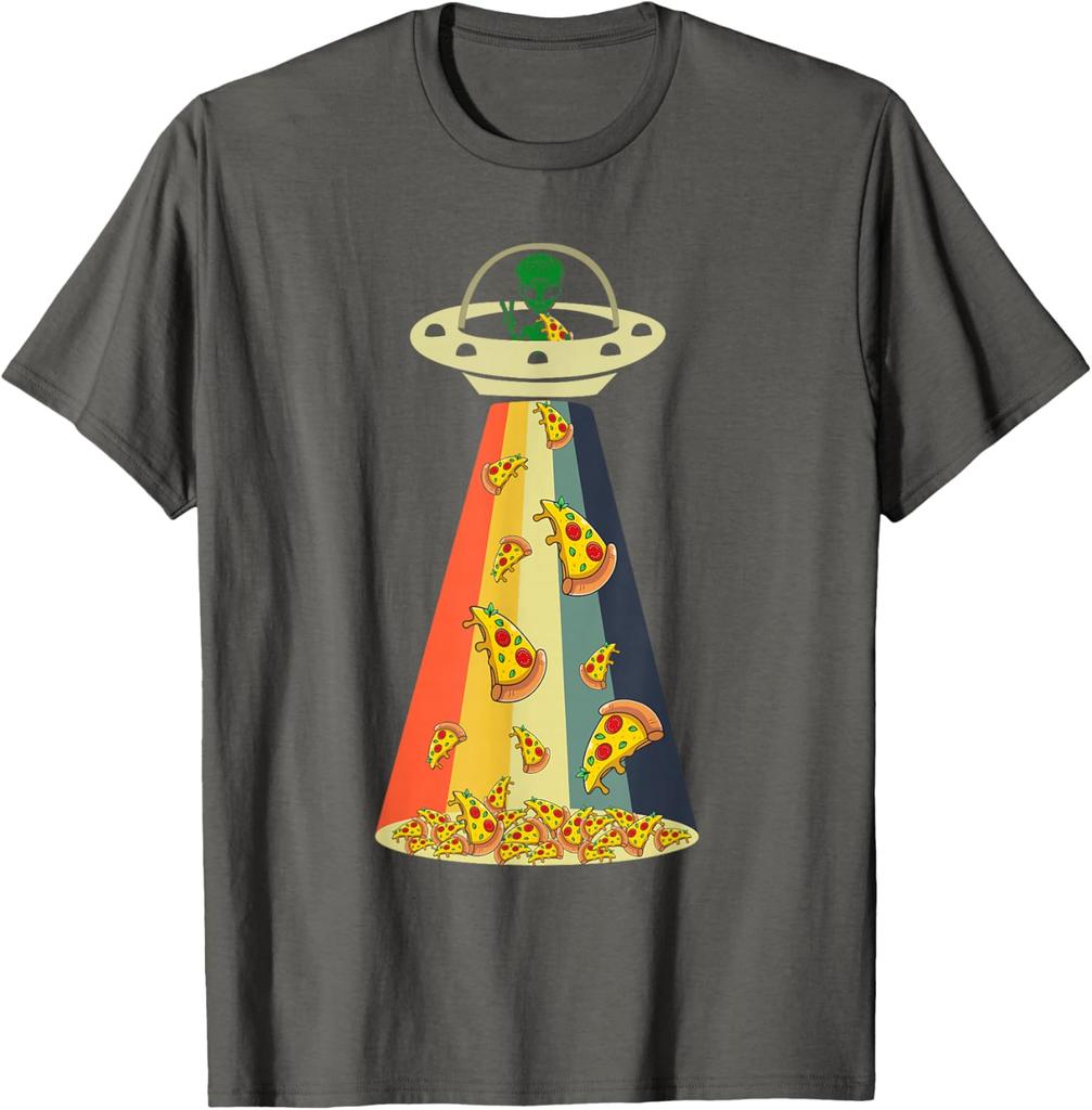 Pizza UFO Alien Abduction Graphic Retro Rainbow Light T-Shirt Funny Casual Cotton Tee