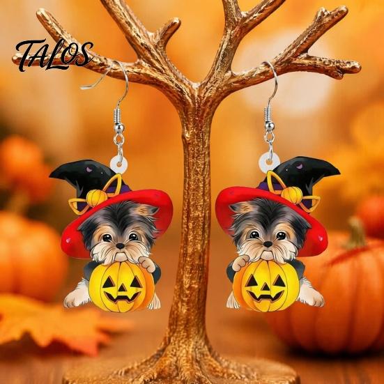 Orecchini Novità Festa di Halloween Cappello da Strega Orecchini Cucciolo, Cane Carino Zucca Pendenti Regalo per Lei Gioielli Leggeri in Acrilico, Accessori Donna