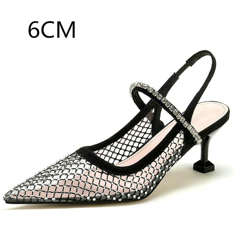 2025 Hollowed-Out Rhinestone High Heels Female Pointy Transparent After Empty Bun Sandals Thin Heel Shoes Female