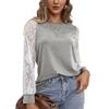 Lace Grey Trim Crew Neck Fitted Tshirt Blended Fabric Hoodie Women Long Sleeve