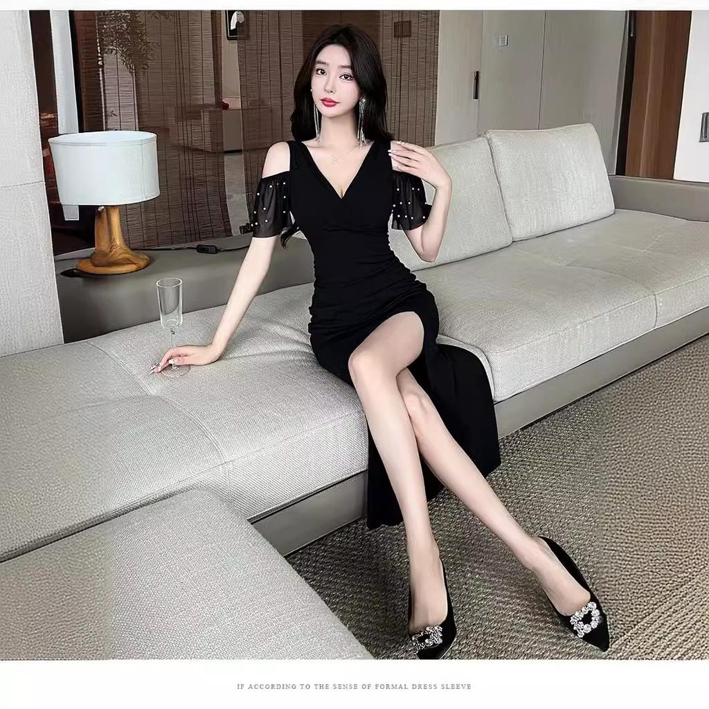 Summer body night main store sexy dress low-cut off-the-shoulder mesh temperament tight back and thin hip-wrapped dress